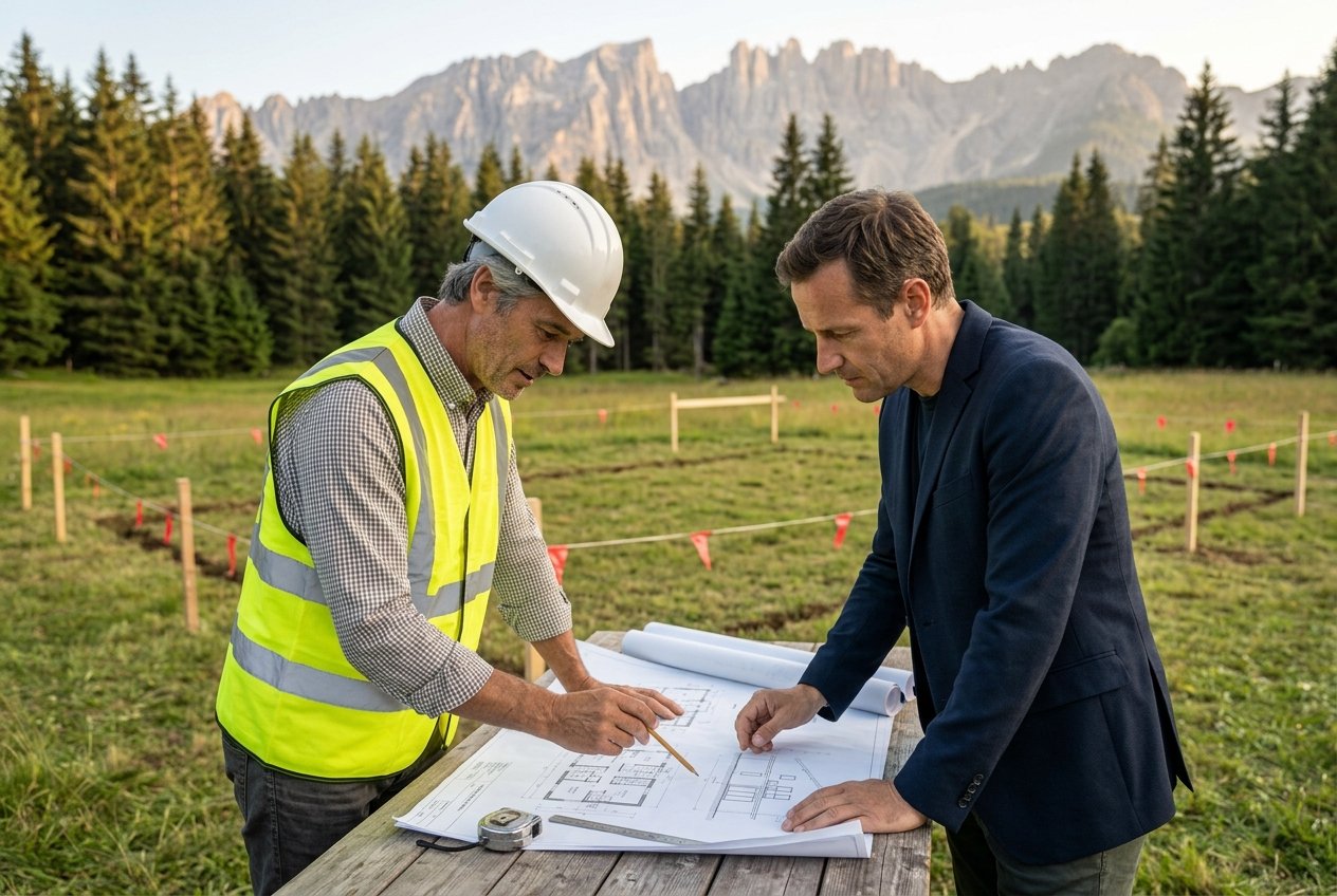 Le chef de chantier et son client penchés sur les plans, sur le terrain