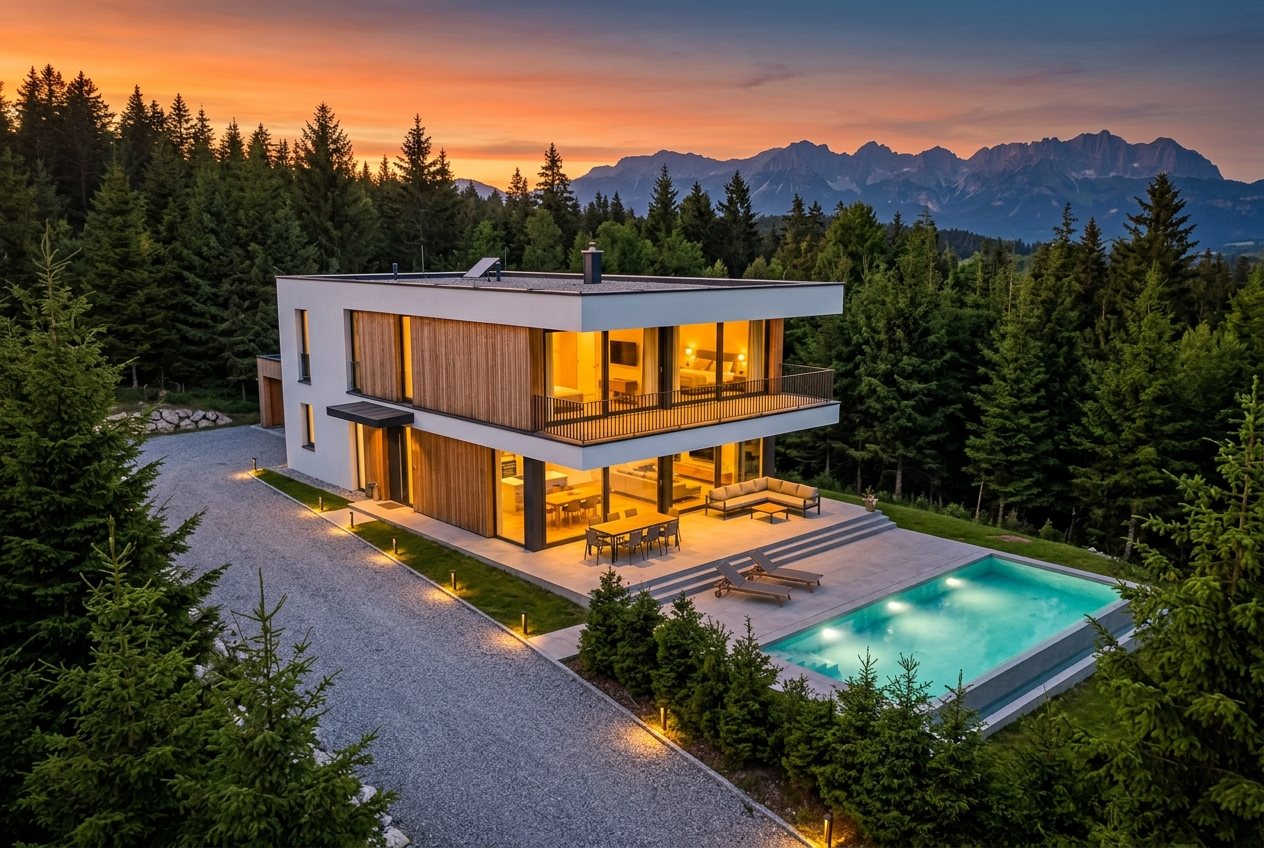 La villa terminée vue du ciel au crépuscule, piscine éclairée