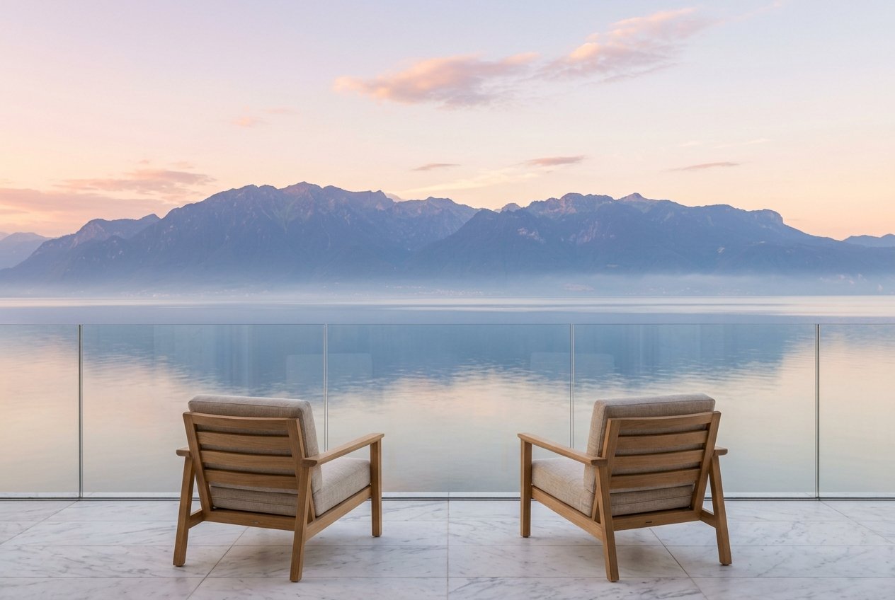 Le lac au lever du jour, vu de la terrasse