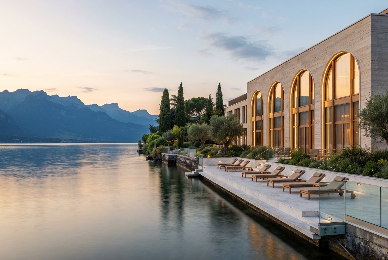 L'hôtel au bord du lac, au pied des sommets