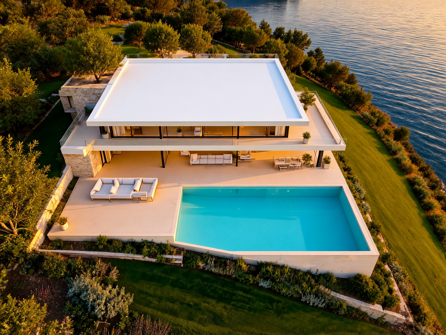 La villa vue du ciel, avec sa piscine et le lac