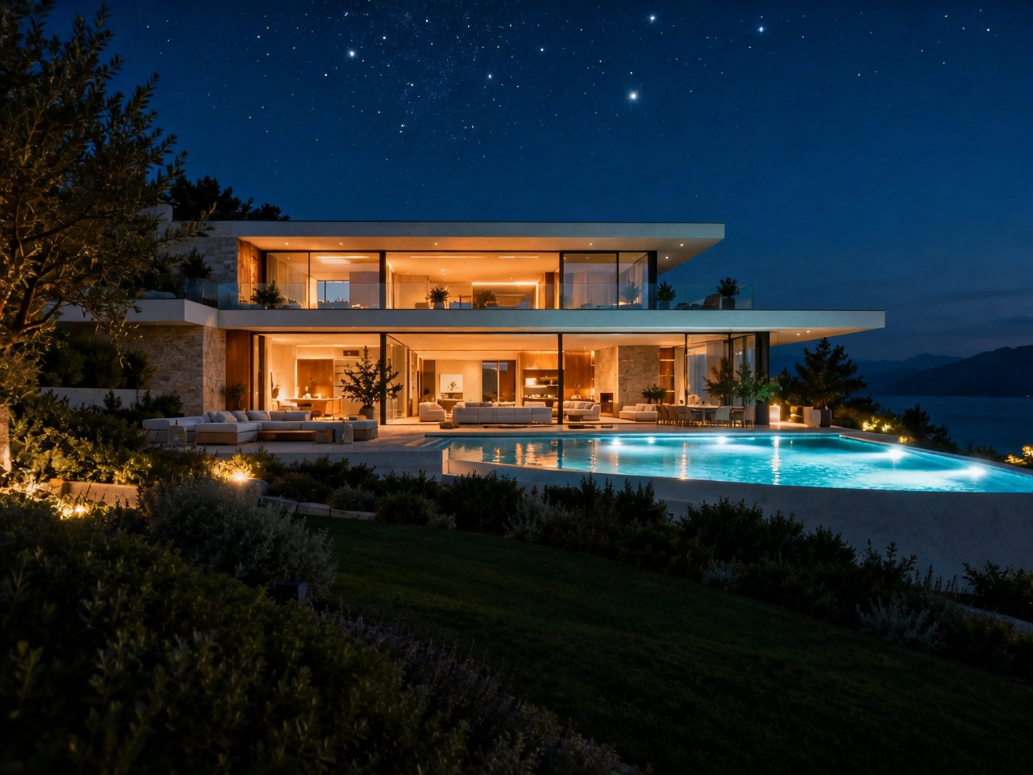 La villa de nuit, éclairée