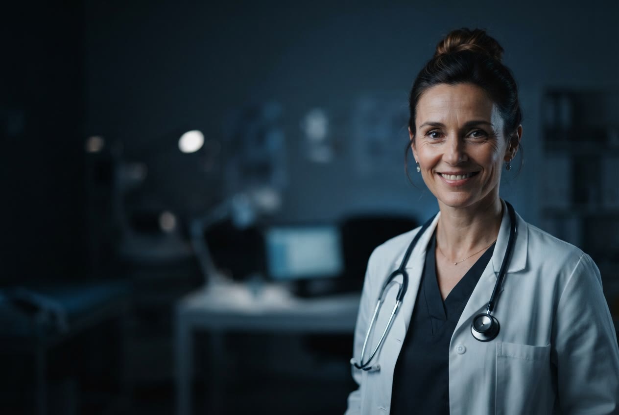 Une médecin en blouse blanche, stéthoscope autour du cou, sourit dans la pénombre bleutée du cabinet