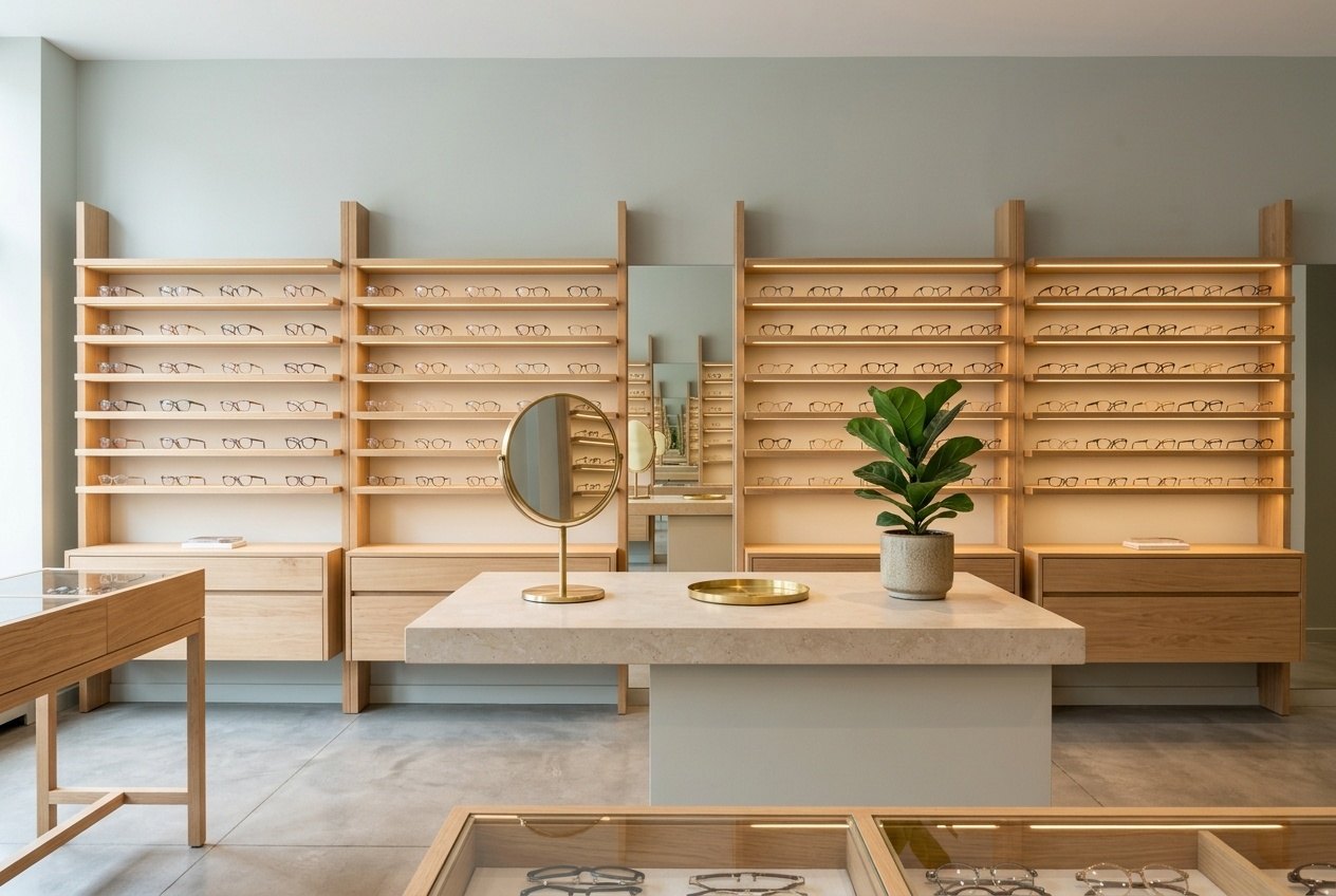 La boutique, ses présentoirs de montures