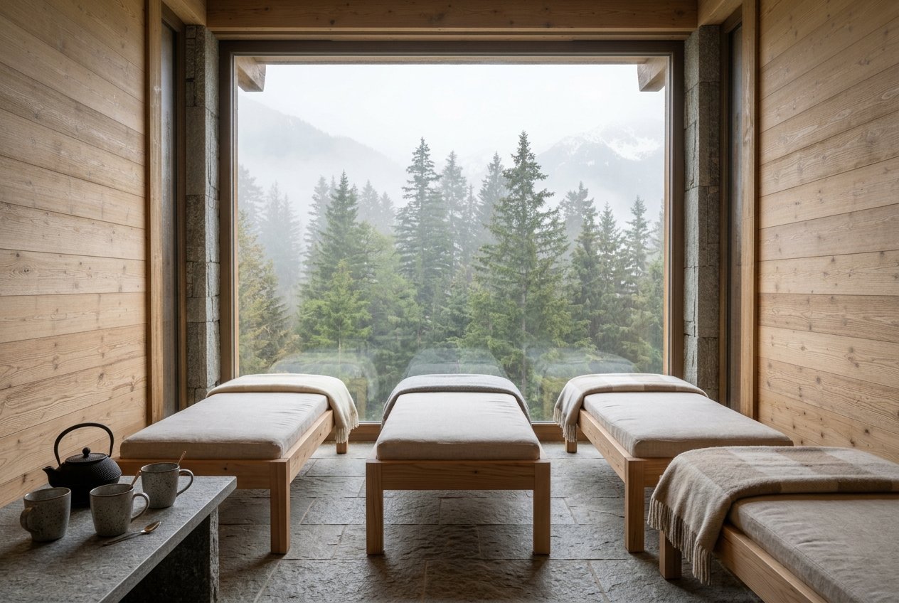 La salle de repos, face à la forêt dans la brume