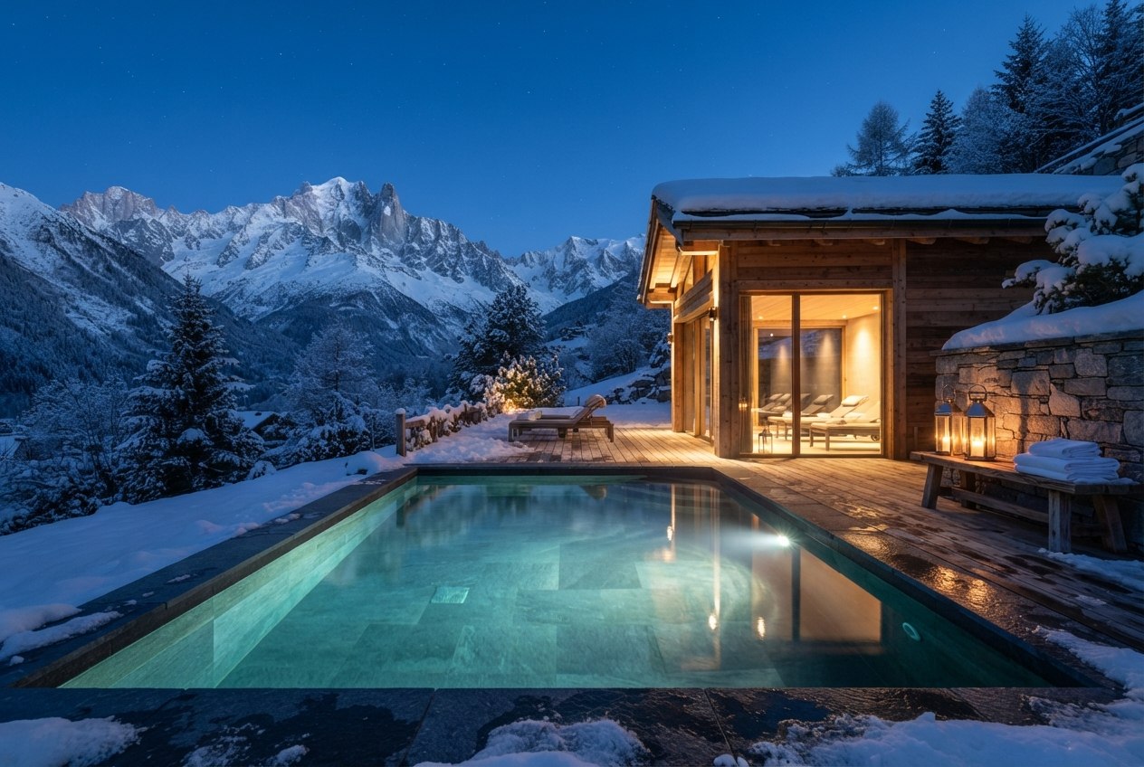 Le bassin extérieur du spa à l'heure bleue, sous la neige, face aux sommets