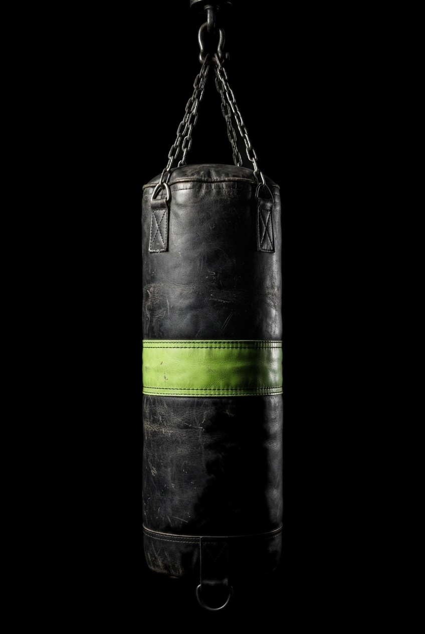 Un sac de frappe en cuir noir suspendu à ses chaînes