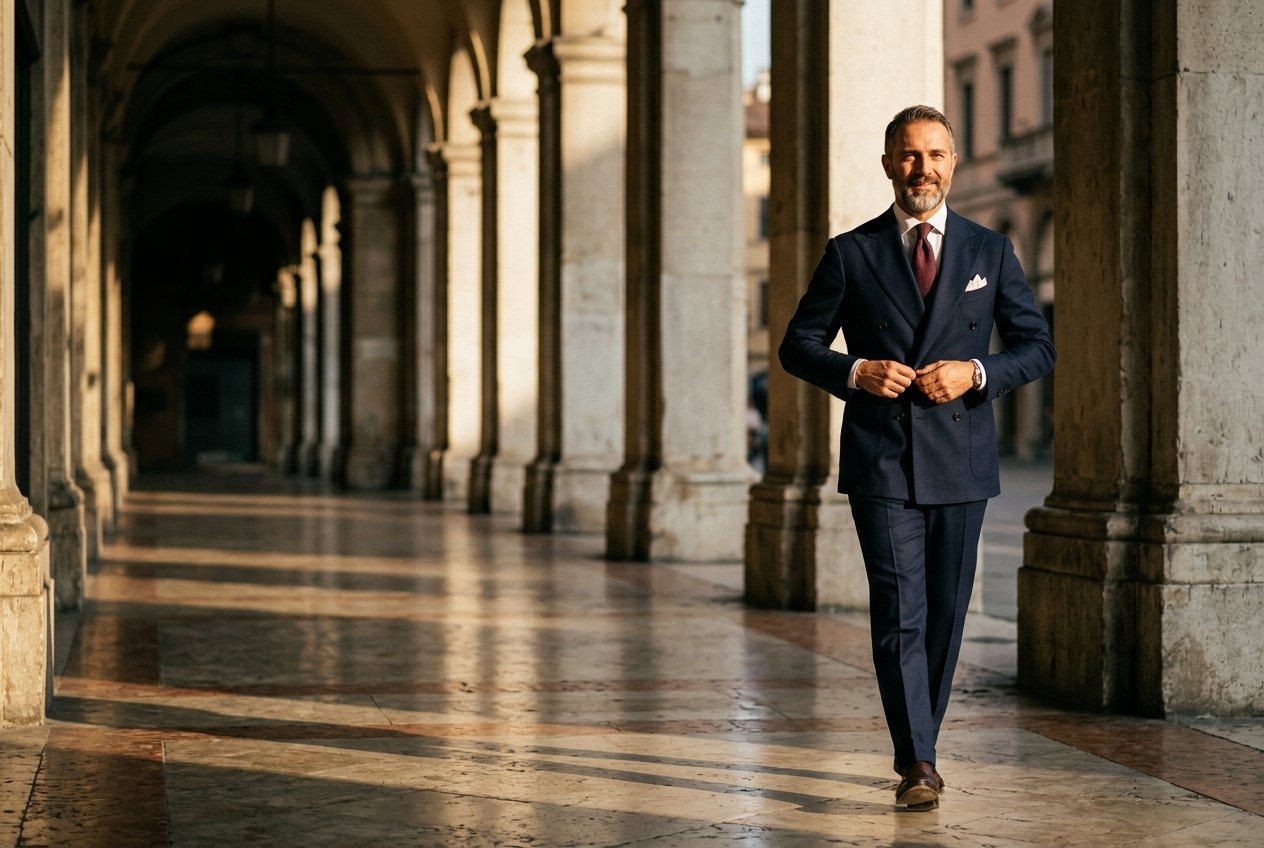 Un homme en costume croisé marine marche sous des arcades italiennes