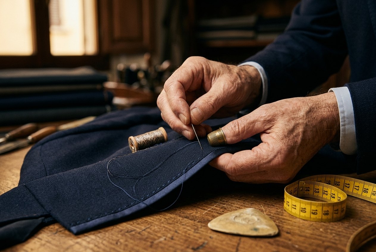 Les mains du tailleur cousent un revers à la main